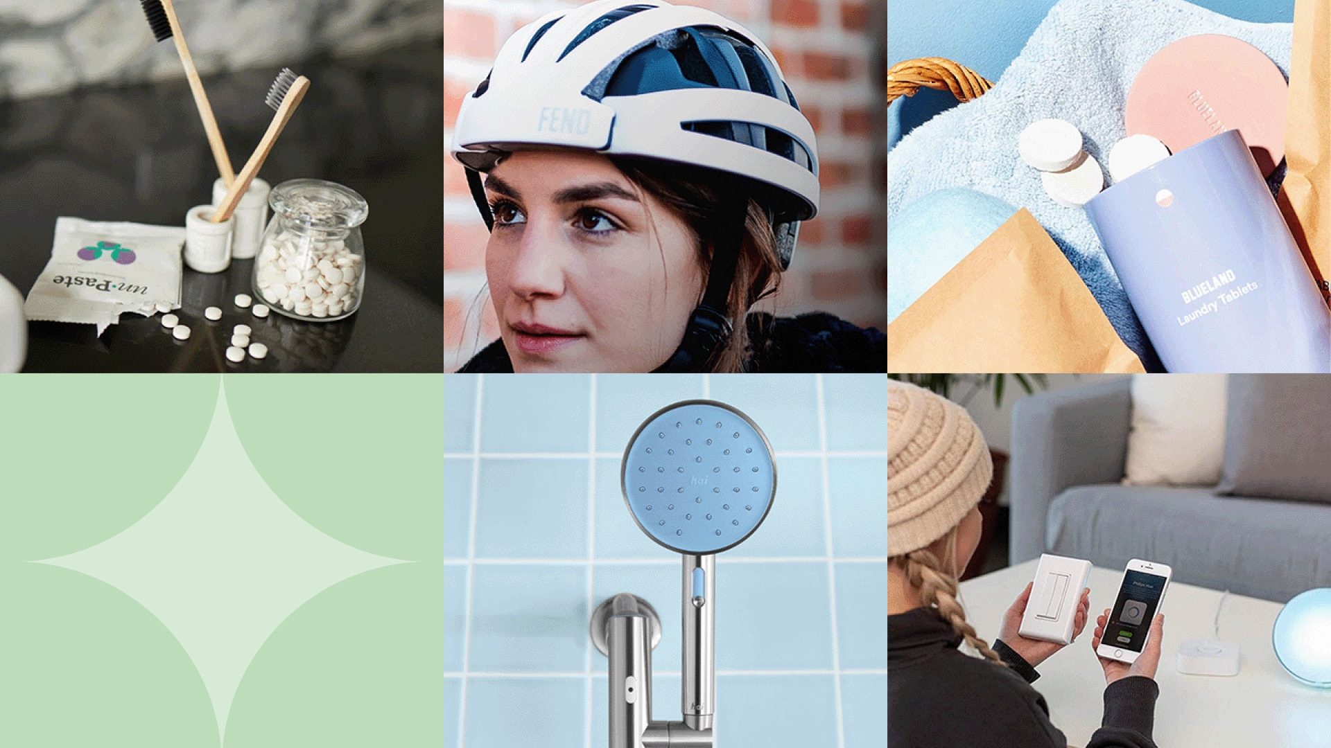 Collage of products including a toothbrush and toothpaste tablets, a woman wearing a bike helmet, laundry tablets shown in a laundry basket, a showerhead, and a woman holding her phone in one hand and wireless lightswitch.