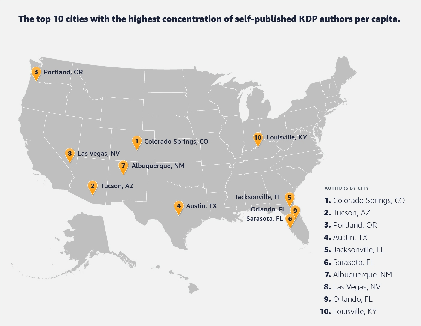 Map of the United States showing top Kindle Direct Publishing locations