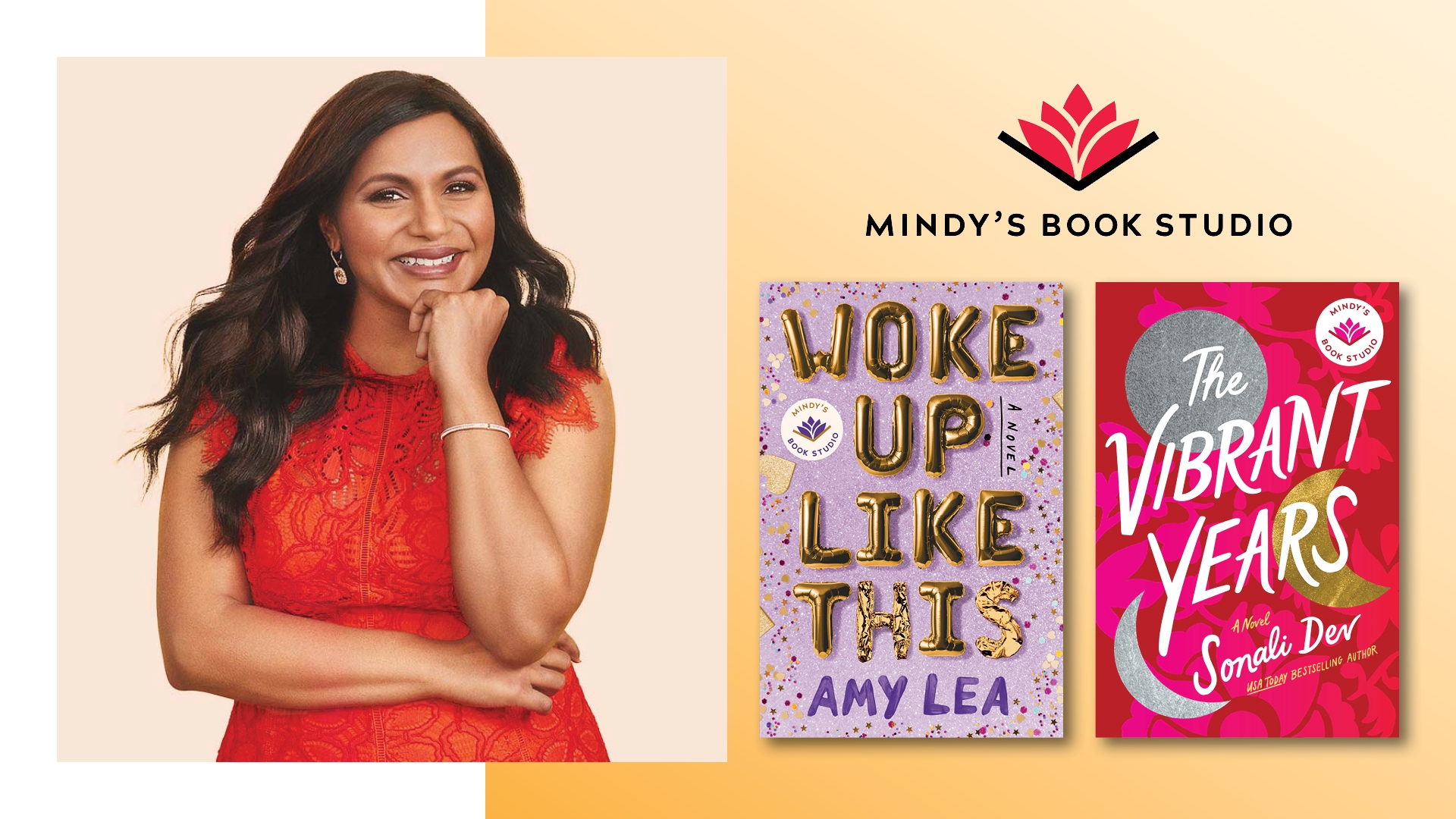 A photo of Mindy Kaling next to the "Mindy's Book Studio" logo, and two book covers, "Woke Up Like This" and "The Vibrant Years"