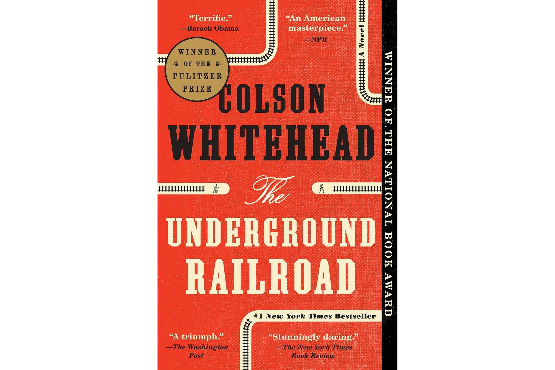 Book cover for The Underground Railroad by Colson Whitehead. The background is red, with small railroad paths in the top, middle and bottom of the page. Author's name is in black all-caps font, the title is in ivory text. 