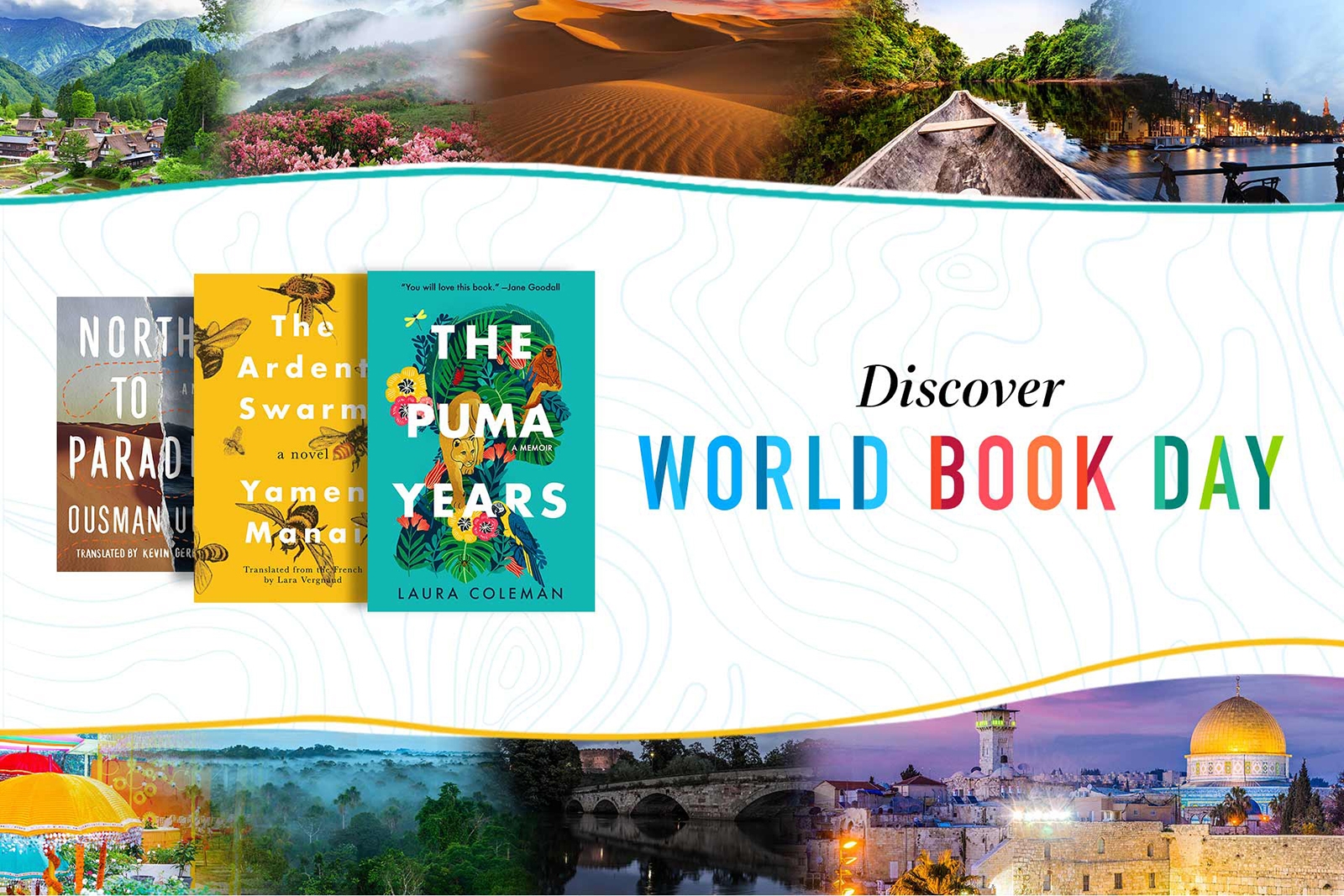 An illustrated image that shows three covers for free books on Amazon on the left hand side. On the right hand side is text that reads "Discover World Book Day Join in, read for free" with the "Amazon Publishing " logo below it.