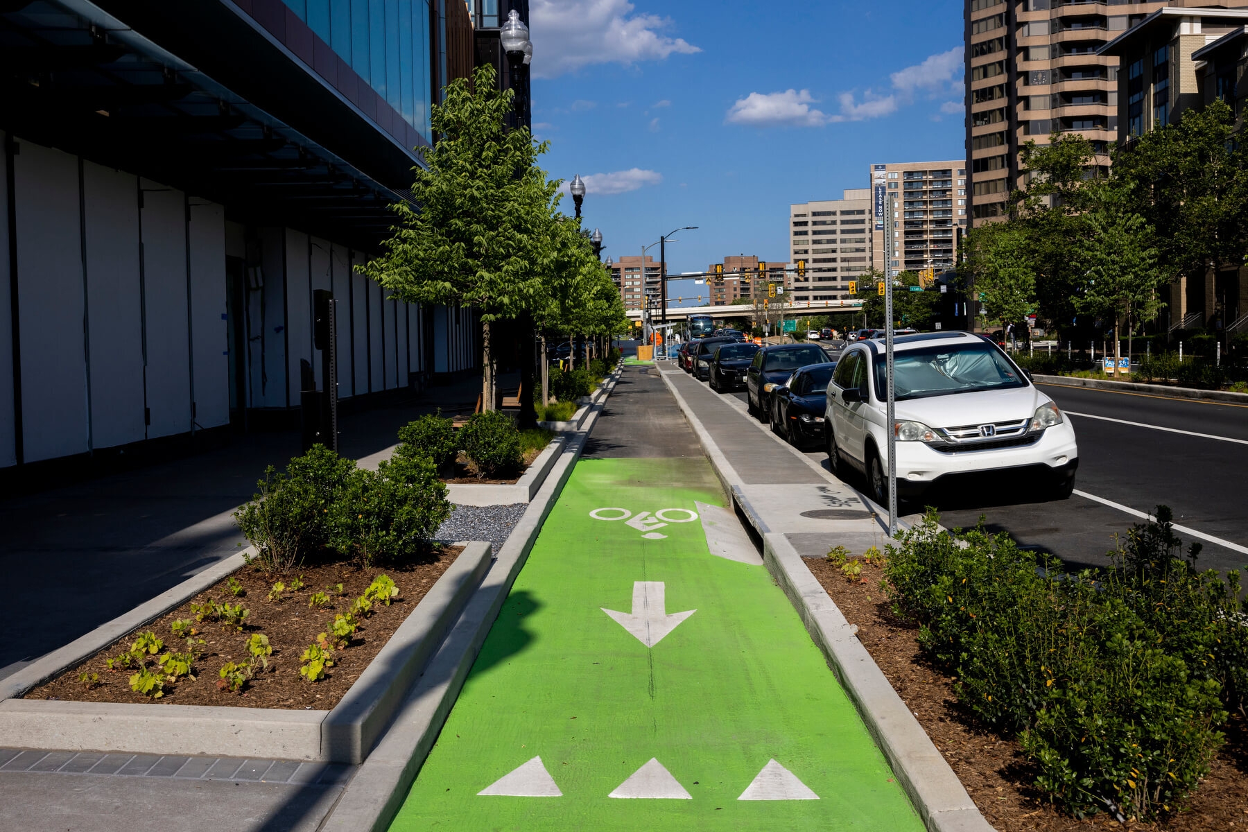 An image of a wide, green bike lane on the street in front of Amazon HQ2