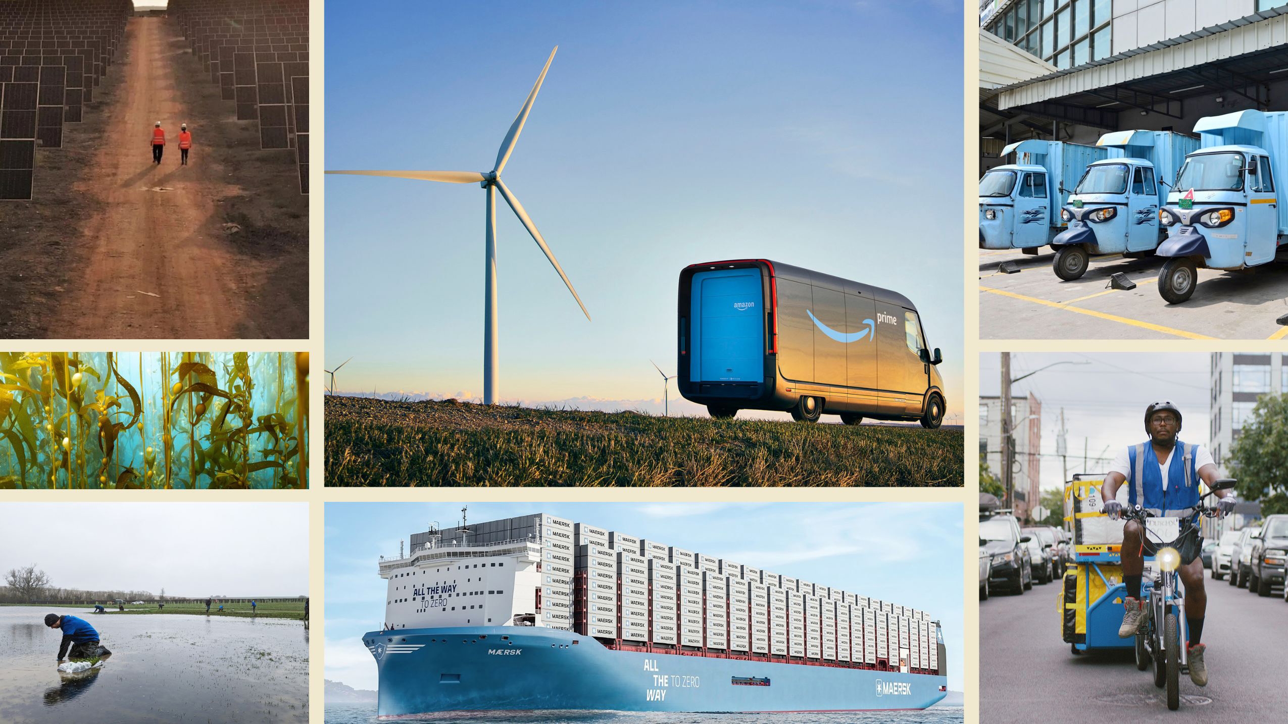 An image with various photos inside of it. The image shows a wind farm with an Amazon delivery van parked on it, a large cargo ship, seaweed under water, and a solar farm.