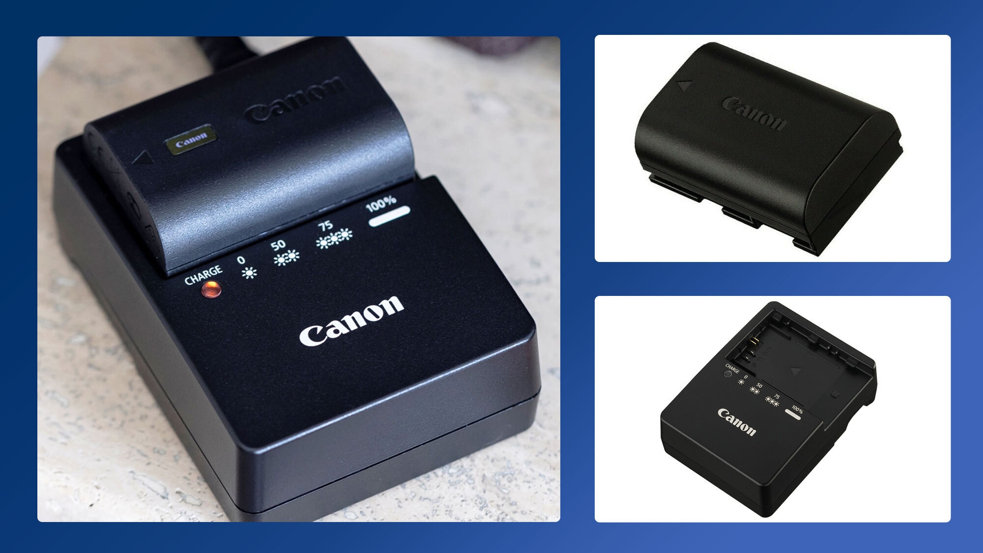 A collage of Canon chargers and batteries.