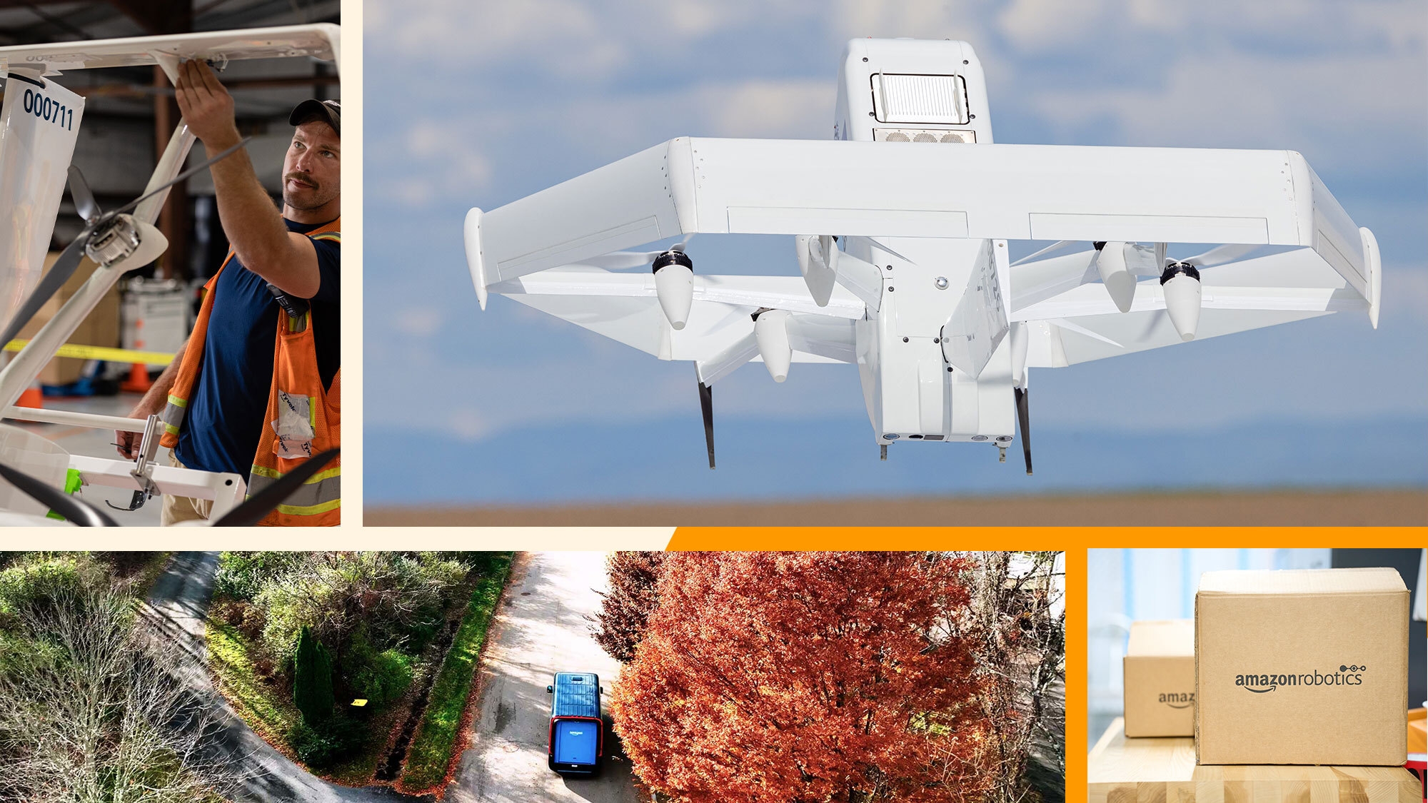 A collage of four images. The top left shows a man working on a drone, and next to it is the drone flying. the bottoms shows a Rivian delivery van and an Amazon Robotics box on the right bottom corner. 