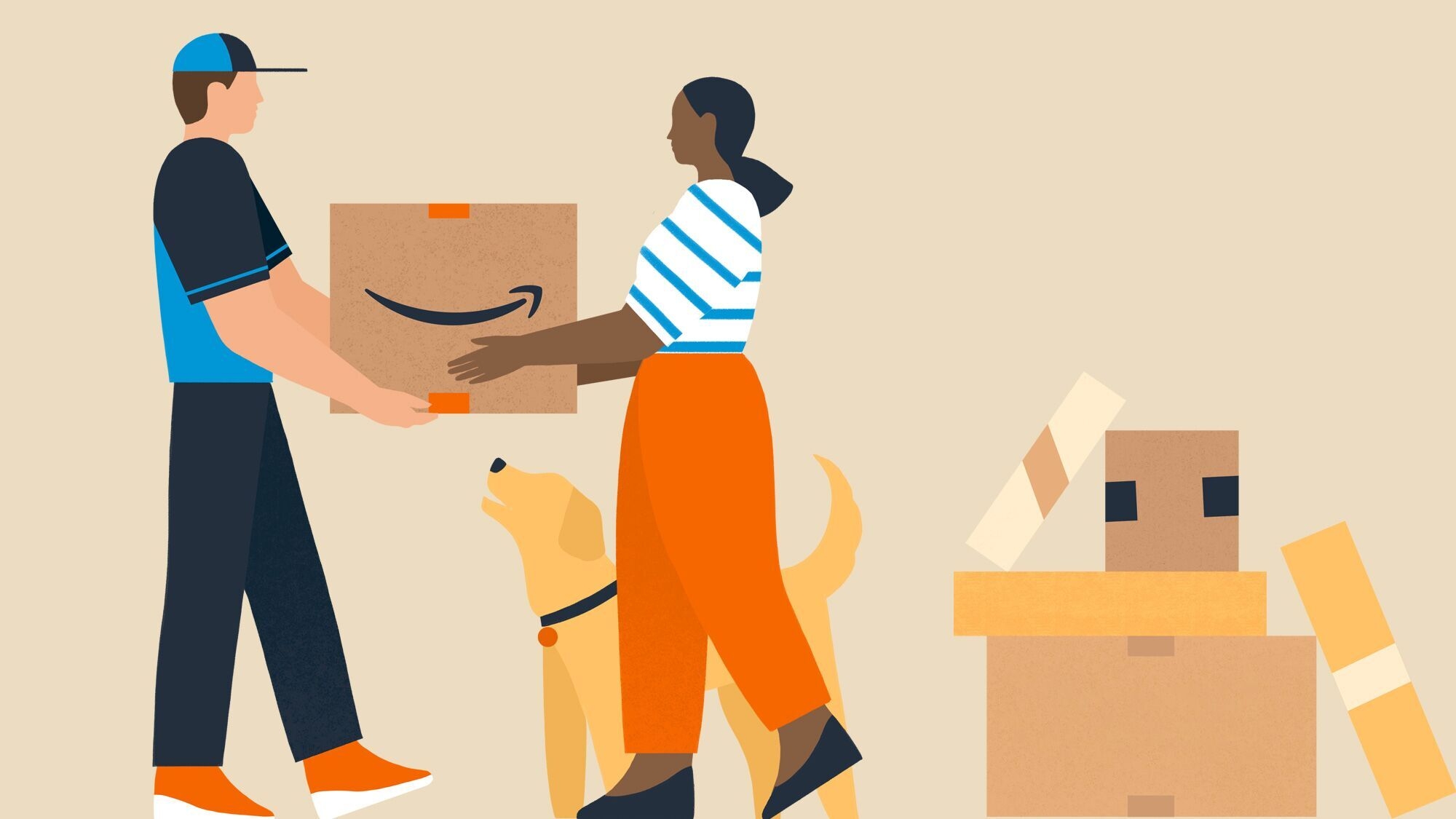 A graphic of a an Amazon delivery driver handing a package to a customer with her dog standing next to her.