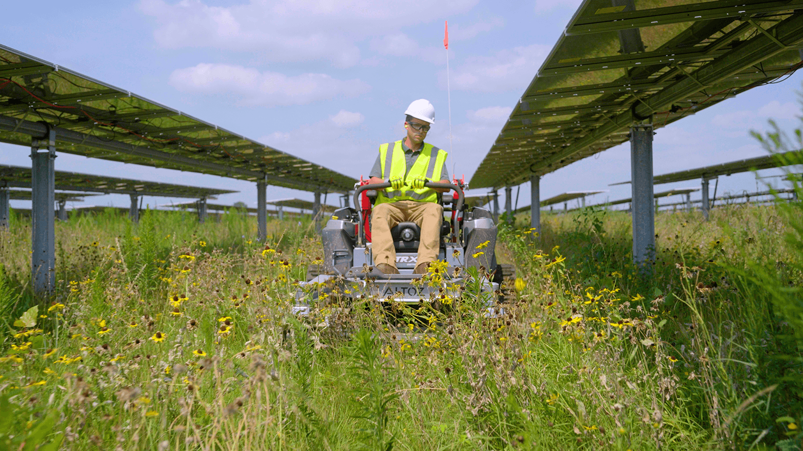 A photo of an employee mowing grass below solar panels at Amazon's Solar Farm Ohio–Yellowbud.