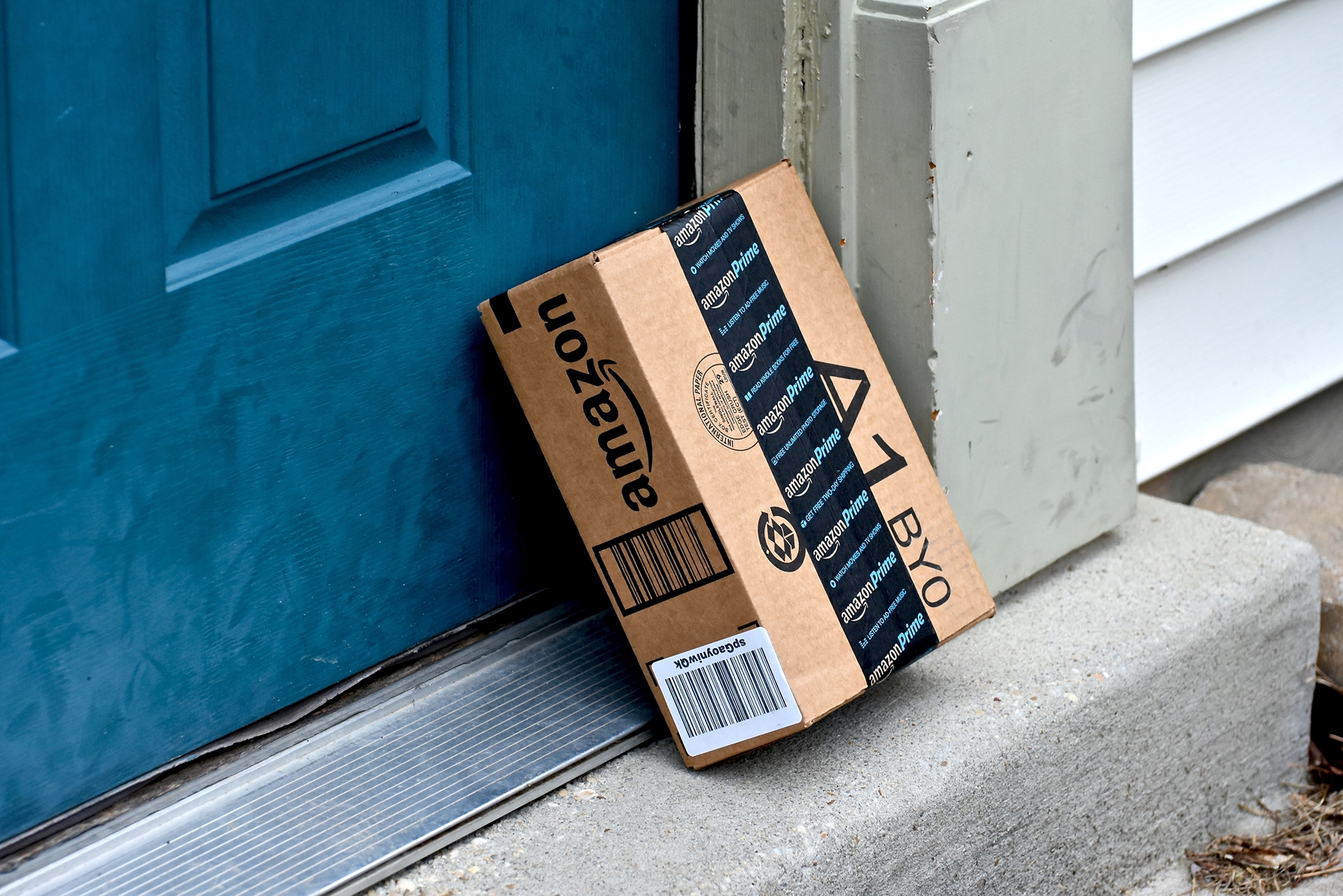 An Amazon package leans against the front door of a house. 