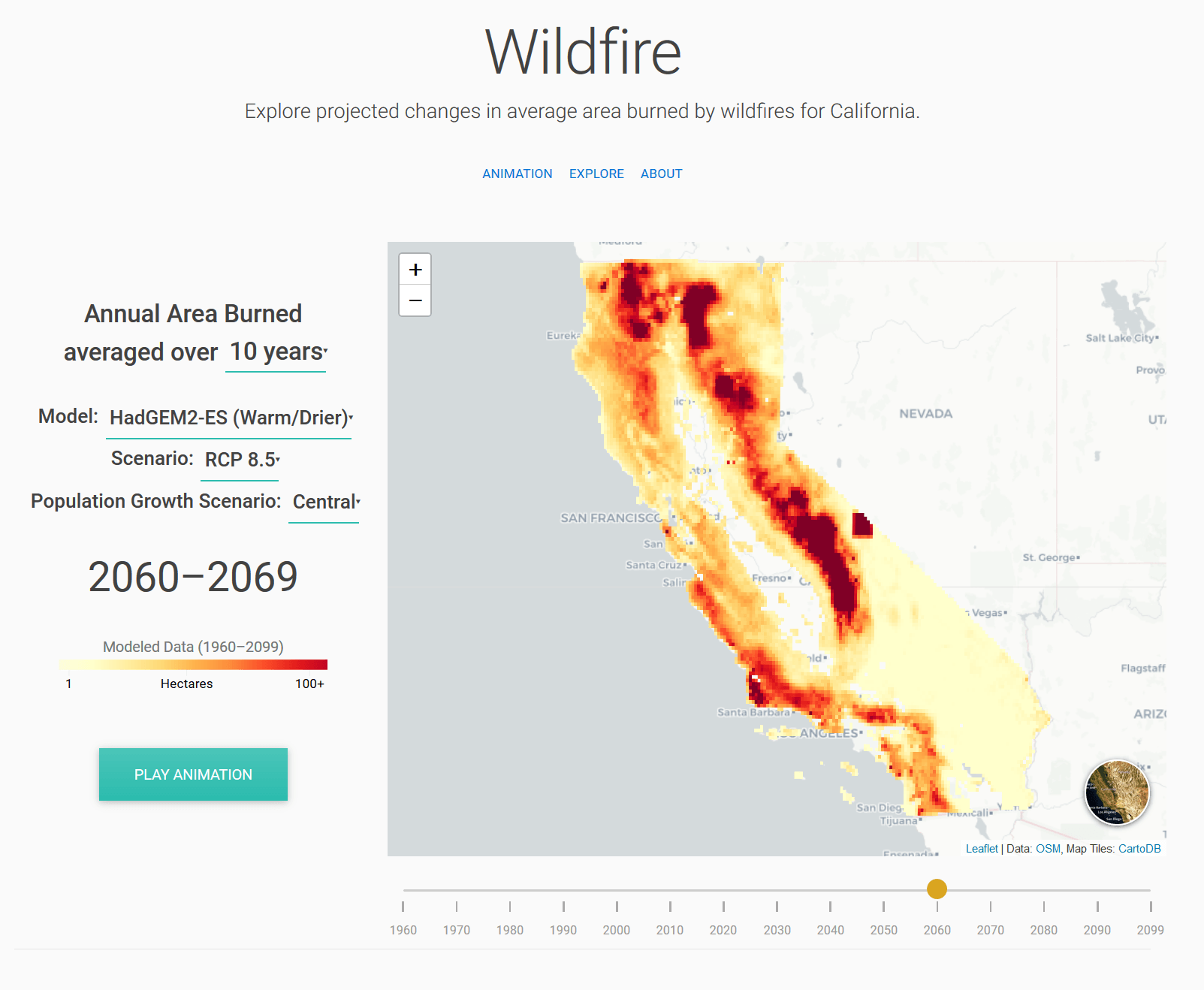 A graph that illustrates the average wildfire burn averaged over 10 years, with predictive modeling. The map shows California.