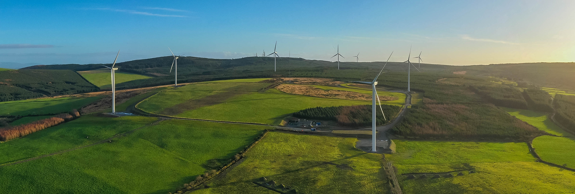 An image of a wind farm in a green field with windmills around it.