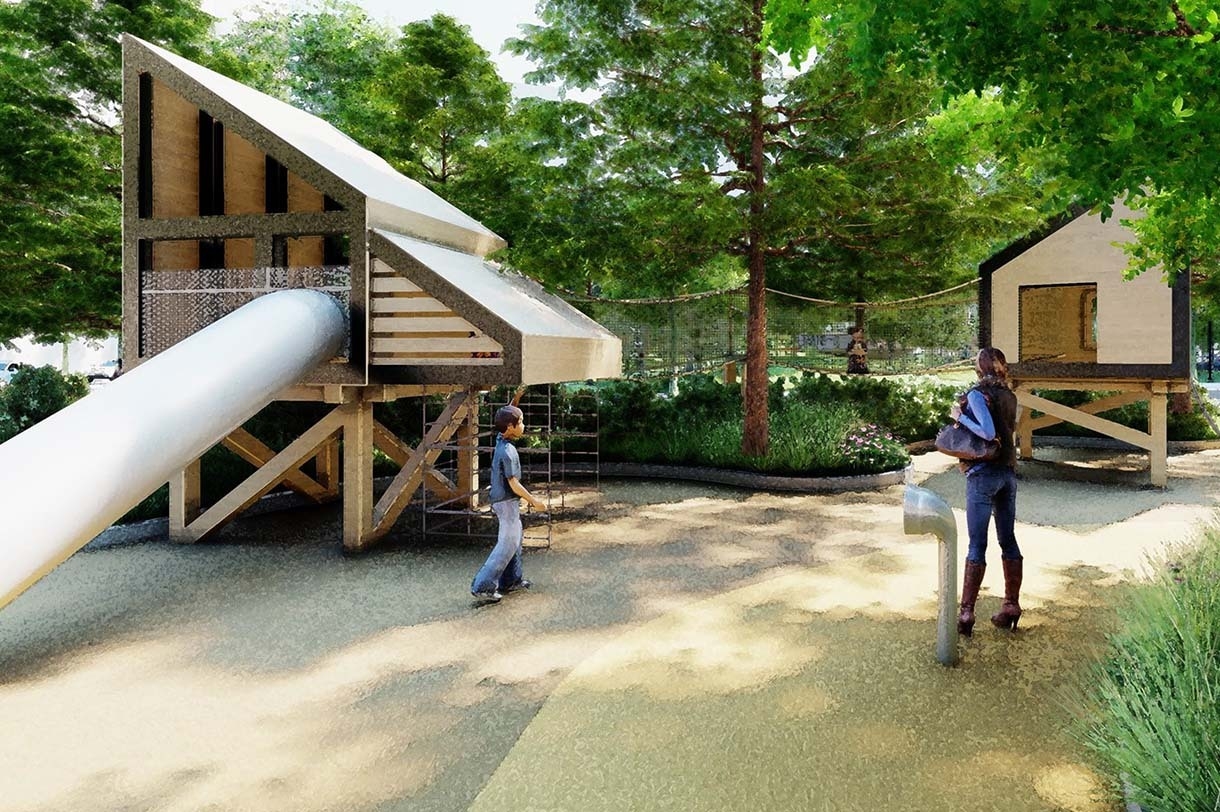 Image renderings showing the Met Park at Amazon's second headquarters in Arlington, Virginia.