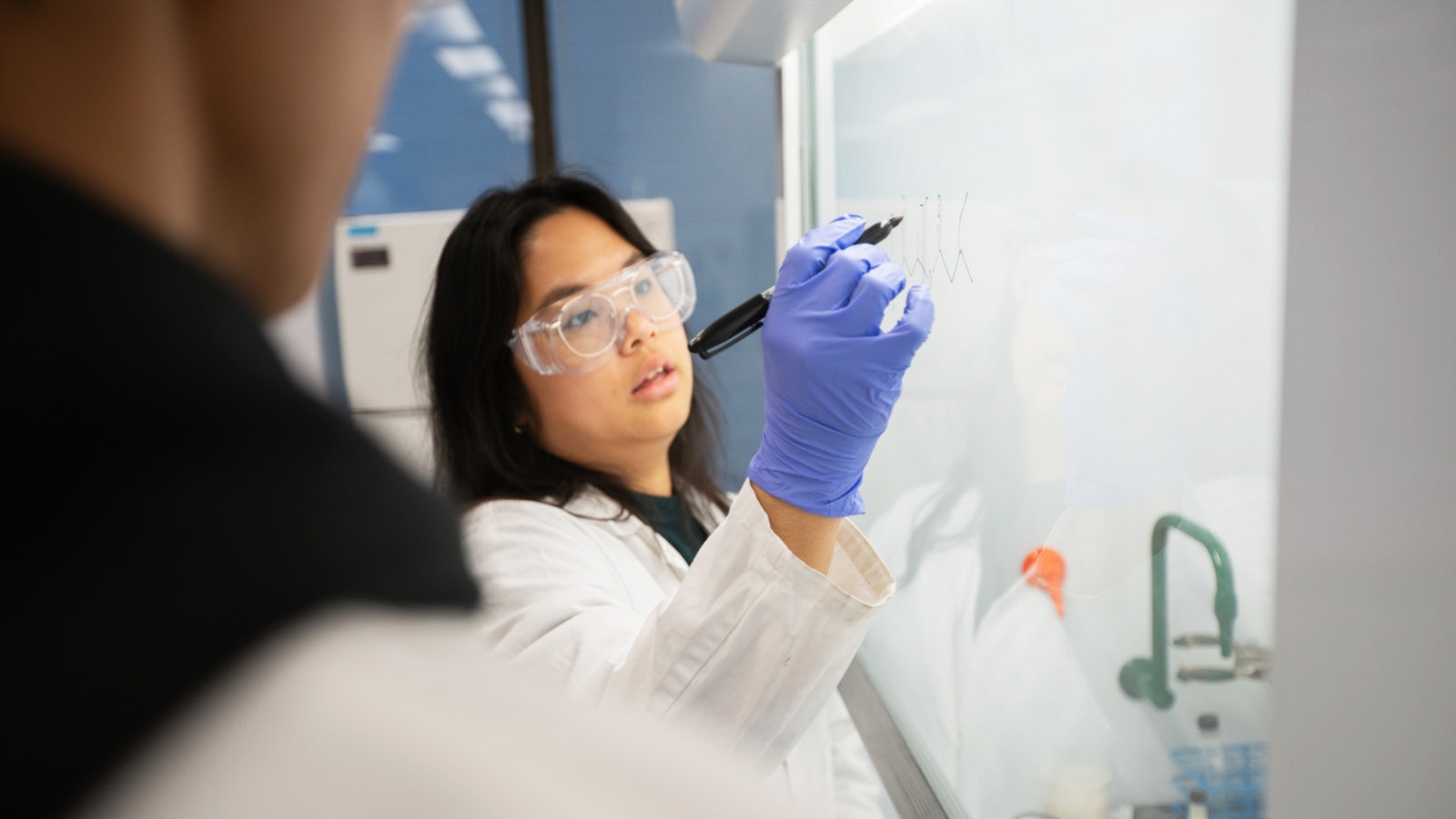An image of a woman in a lab writing something on a whiteboard. 
