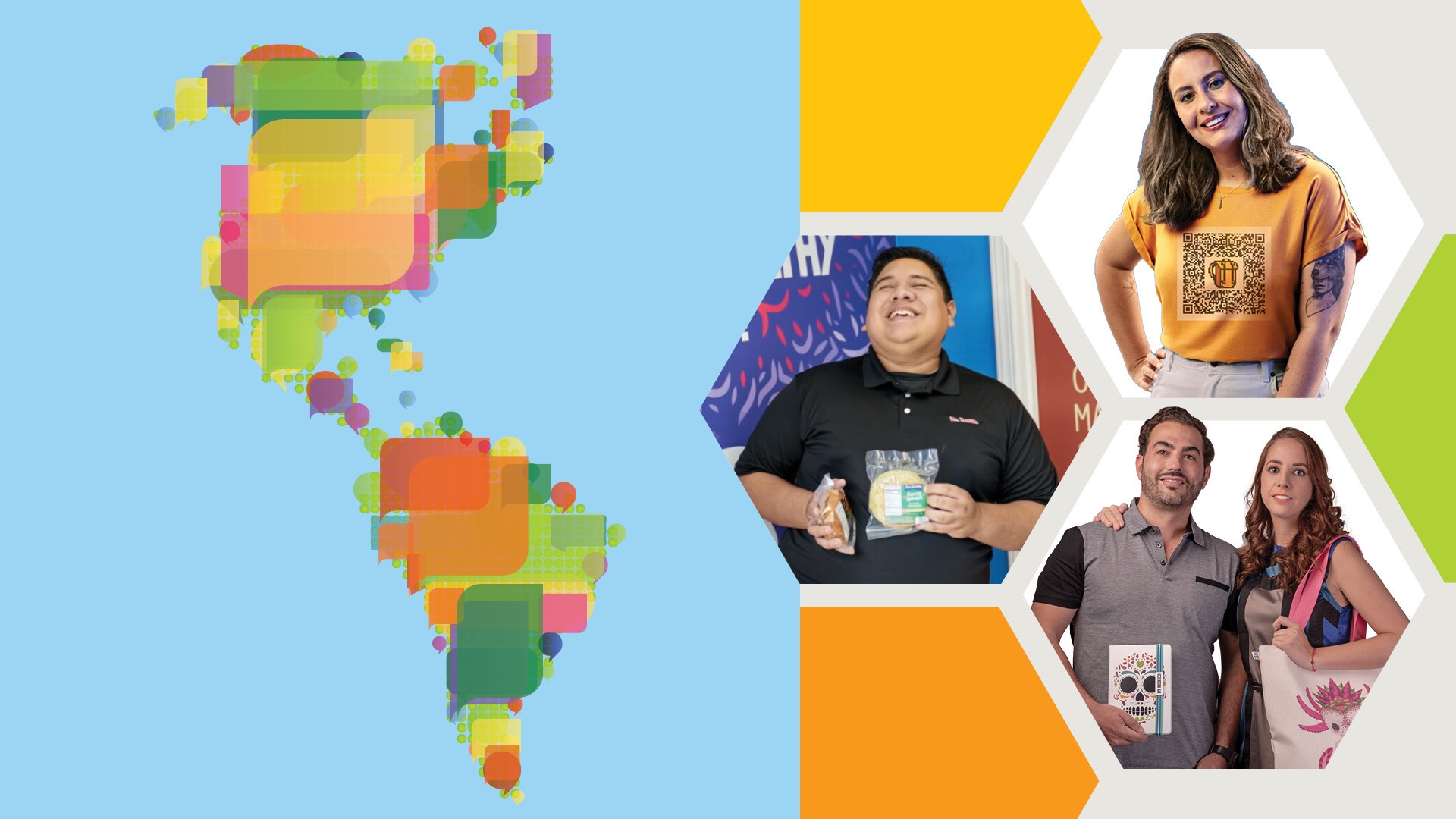 A graphic of North and South America alongside three different Amazon sellers holding their products.