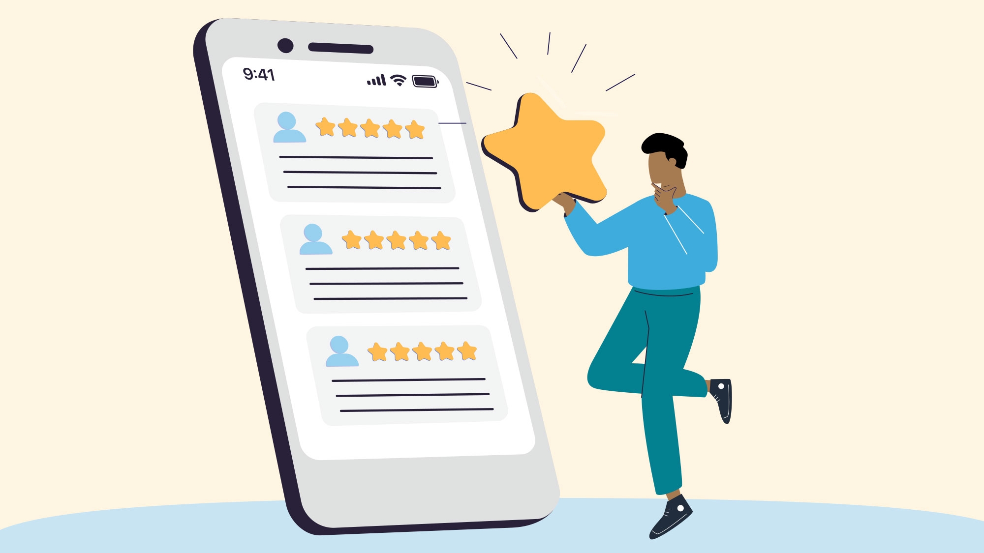 A graphic of a person holding up a star next to a life-sized smartphone with a reviews page pulled up.