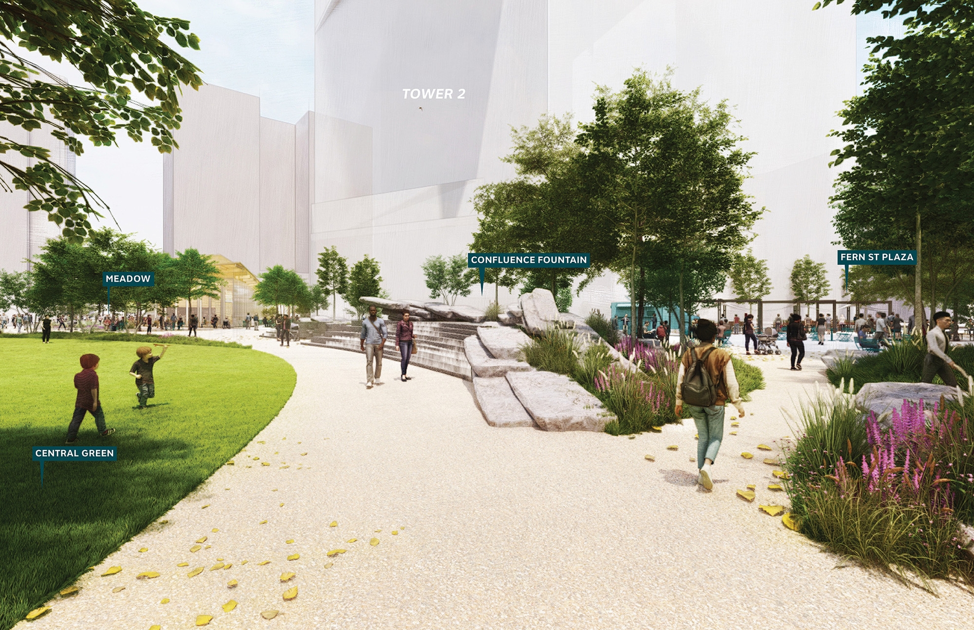 A rendering of the exterior of Amazon's HQ2. There is a large, paved walkway surrounded by green grass and trees with large buildings in the distance.
