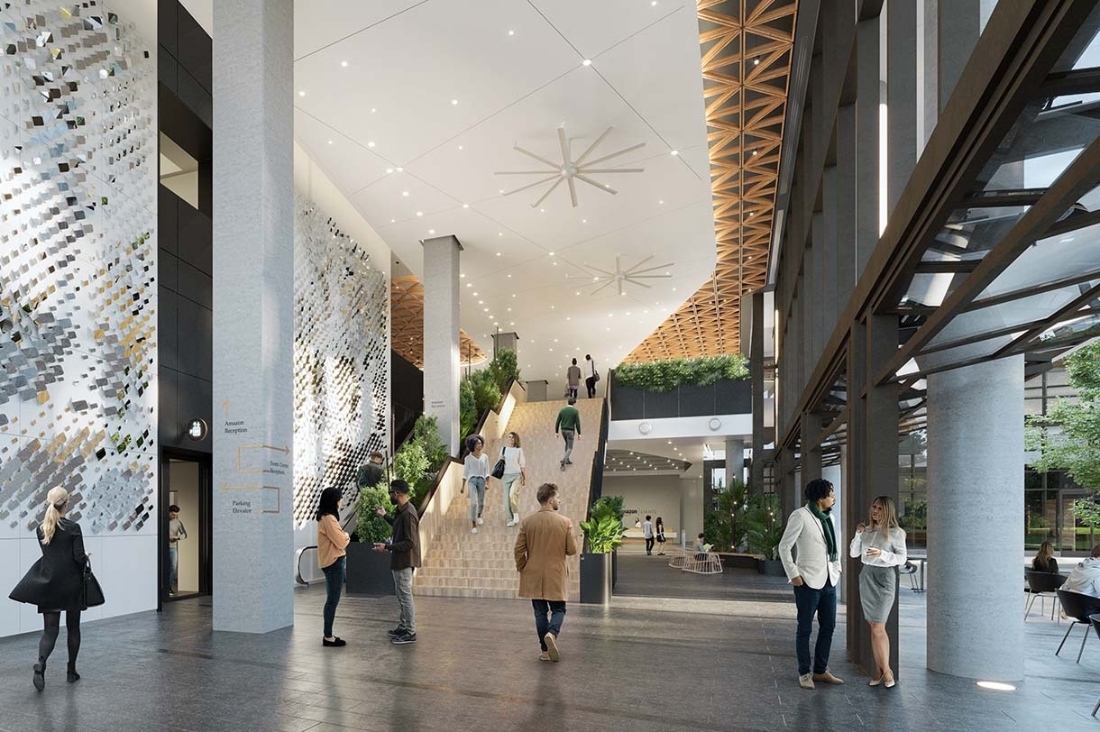 Image renderings showing the Met Park at Amazon's second headquarters in Arlington, Virginia.