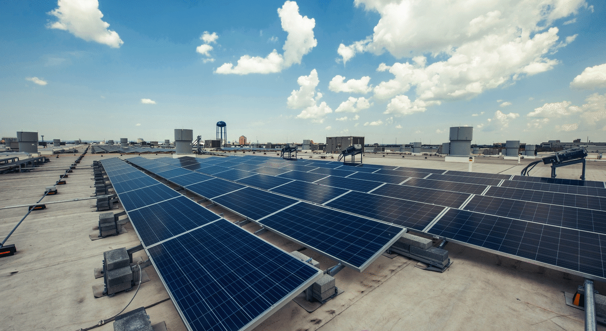 Solar panels installed on the roof of an Amazon facility in Virginia