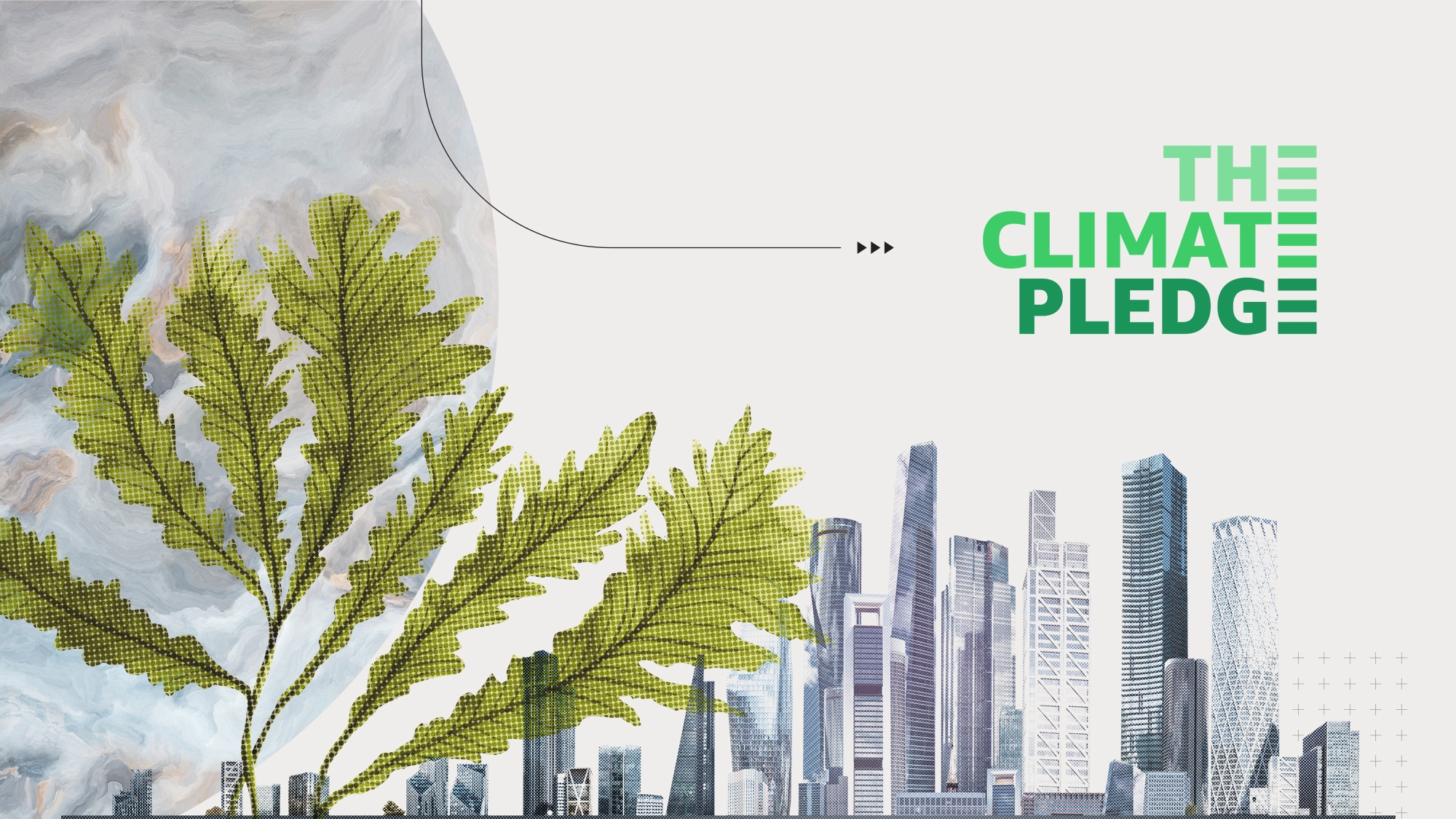 A city with tall buildings is the right backdrop of the image with The Climate Pledge in green font above it. To the left is green plant coming out from the city as tall as its buildings. To the left and behind the plant is a gray-toned drawing of the Earth. 