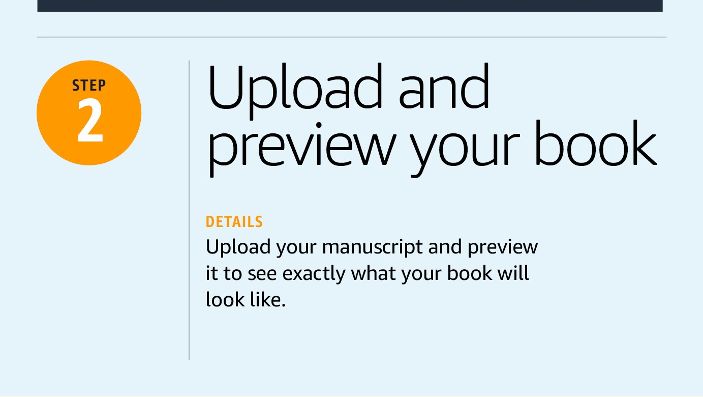 An illustrated image with a label that says "step 2." There is text on the image that reads: "Upload and preview your book: Here, you can upload your manuscript and preview it to see exactly what your book will look like."