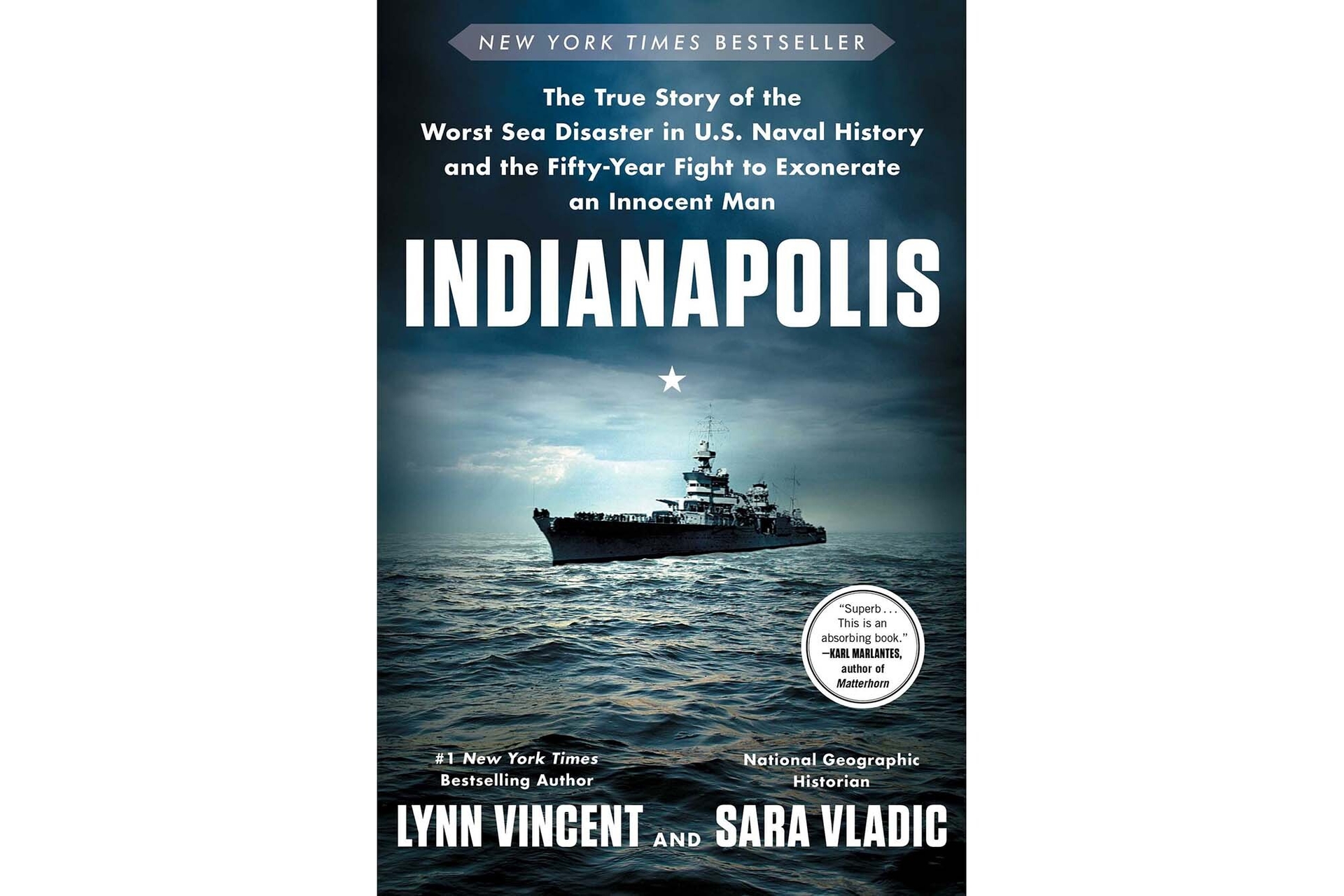 Best books of the year #3 pick, "Indianapolis," by Lynn Vincent and Sara Vladic. In the image, a military ship is in the middle of the ocean, the sky looks dark and soon-to-be stormy. 