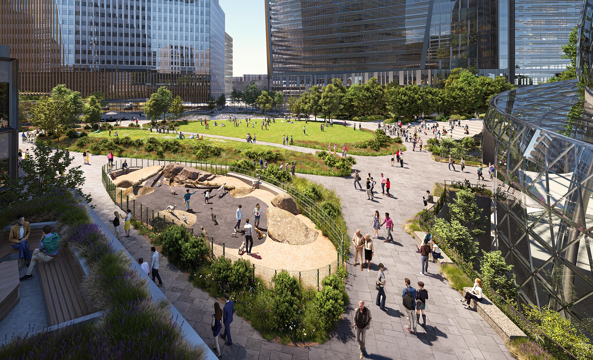 An artist rendering of green space at Amazon's PenPlace campus in Arlington, Virginia.