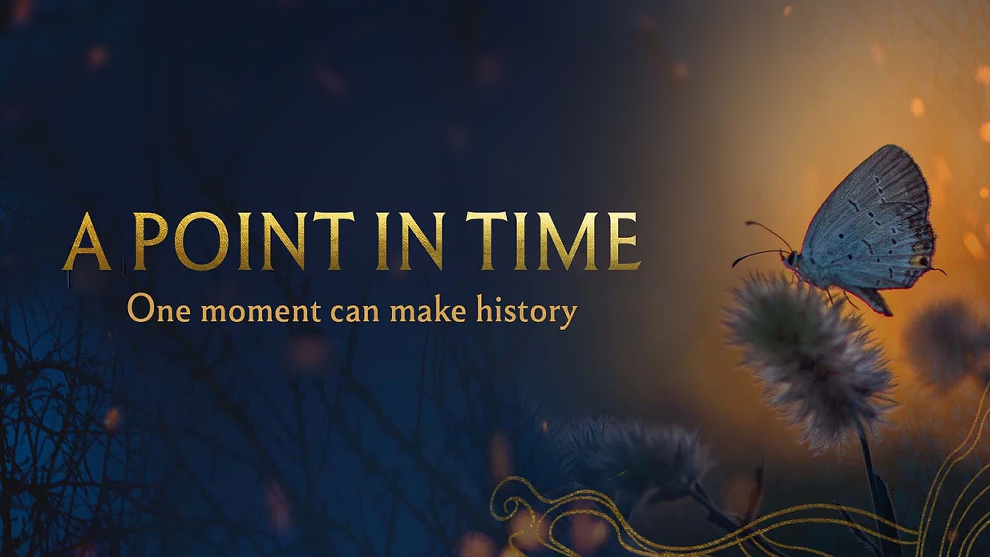 An illustrated image showing a buttlerfly on a dark background. Text on the image says "A Point in Time, One Moment can Make History."