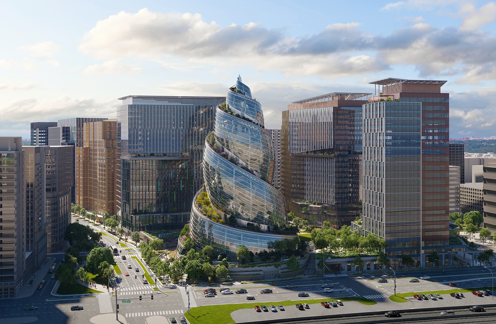 An image of the helix building at Amazon's HQ2 surrounding by other office buildings and greenery in the area.