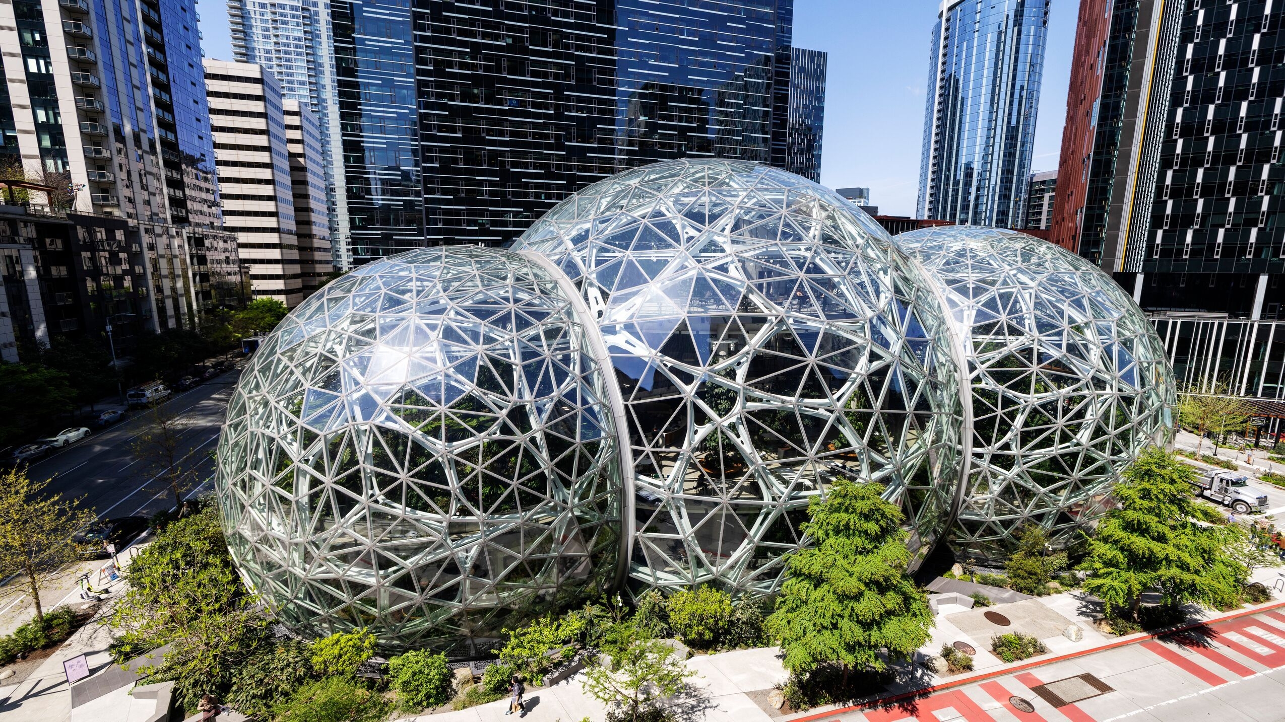 An aerial photo of the spheres at Amazon's headquarters in Seattle.