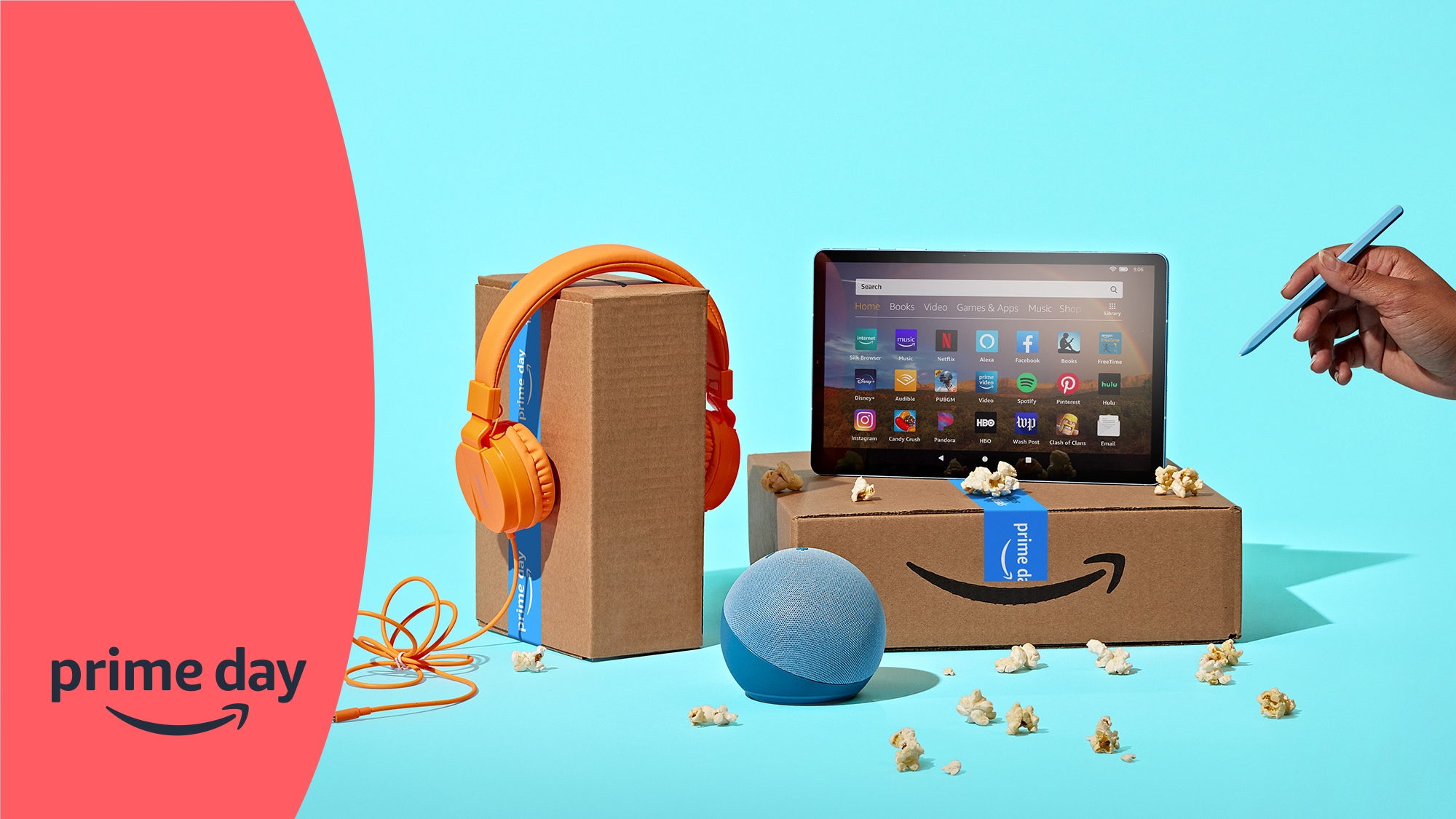 Graphic image of a speaker, headphones, and tablet for Prime Day.