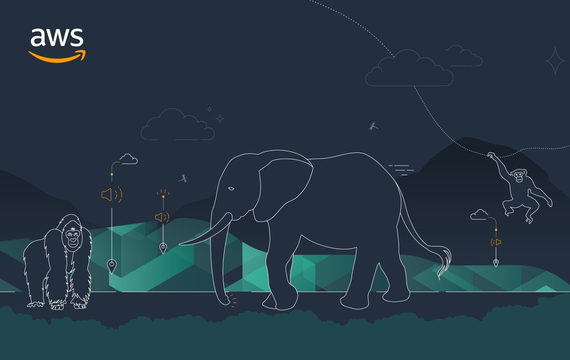 Graphics of a guerilla, elephant and chimpanzee with a dark navy background. Between the animals are small graphics of clouds with a dropdown to a speaker icon with the last drop down to a location pin icon where each animal is.