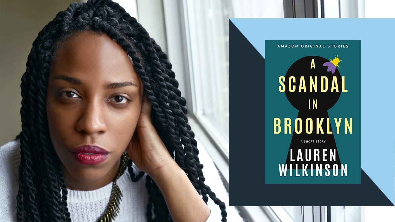 An image of author Lauren Wilkinson. On the right side of the photo is an illustration with her book cover for "A Scandal in Brooklyn."
