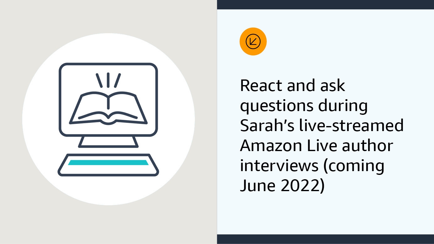 An illustrated image of laptop with a book on the screen. On the right side of the image is text that reads "React and ask questions during live-streamed Amazon Live author interviews (coming June 2022)