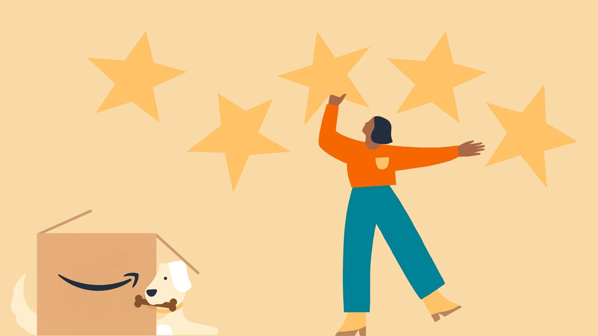 A graphic of a person reaching up for the stars above. A dog plays behind an Amazon box.