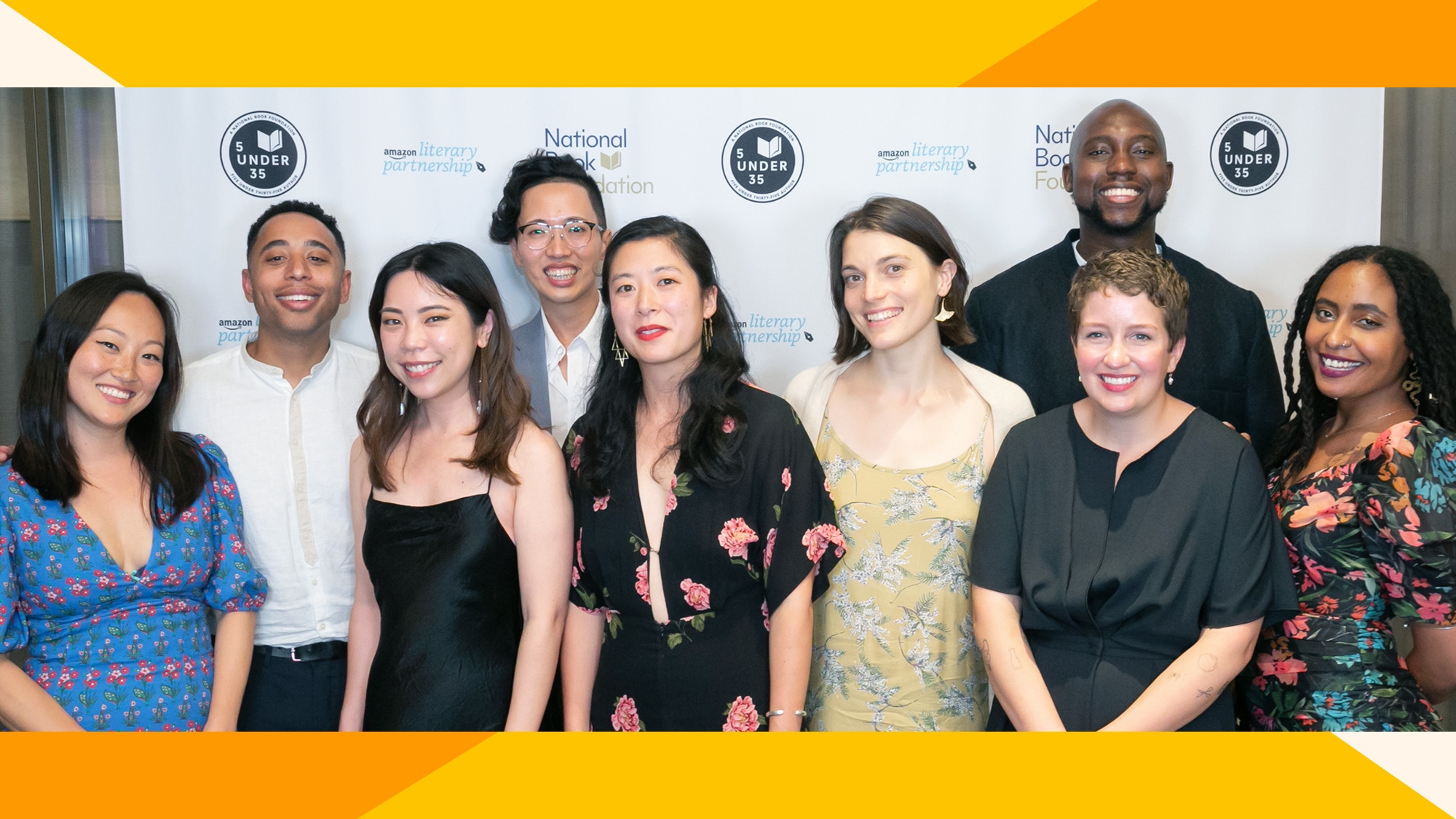 An image of nine honorees at the National Book Foundation’s 5 Under 35 2022 event. 