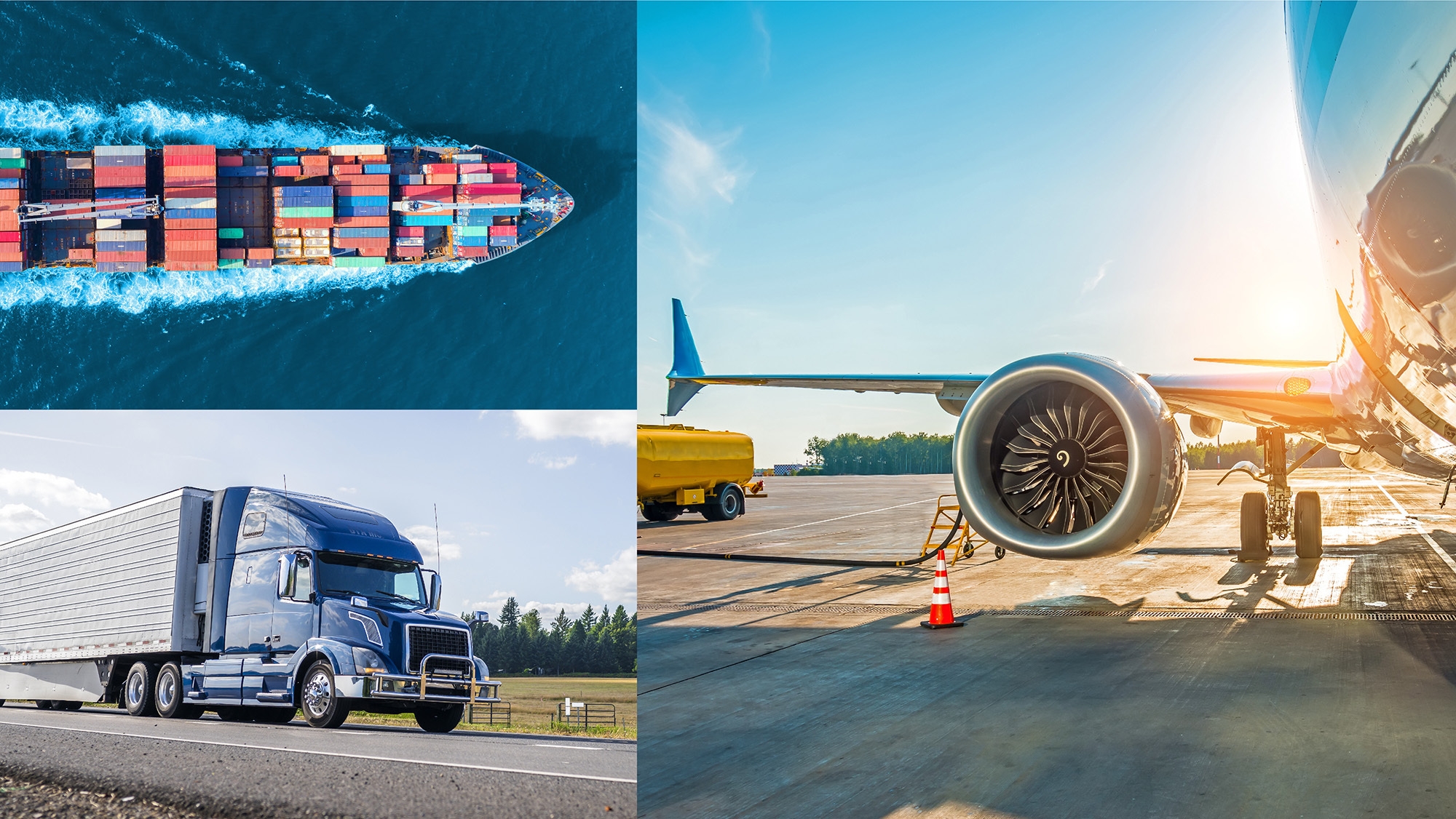 A composite image showing a freight ship, airplane and semi-truck.