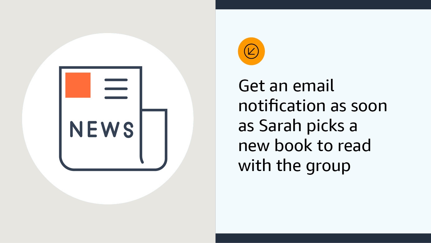 An illustrate graphic. One side shows an illustration of a newspaper and the other shows text that reads "get email notification as soon as Sarah picks a new book to read with the group."