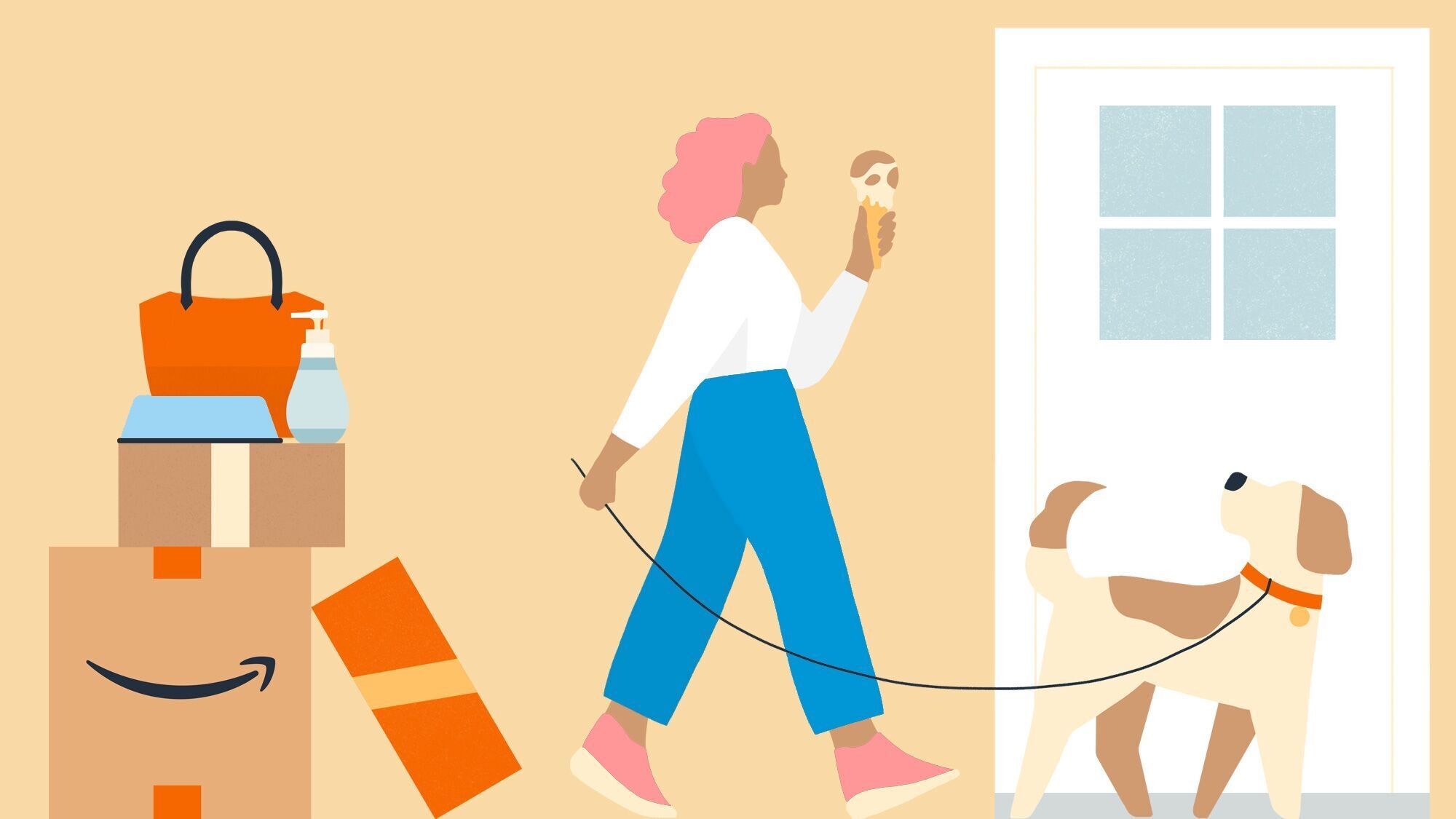 A graphic of a Amazon deliveries next to a woman walking her dog and eating an ice cream cone.