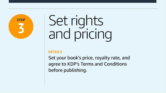 An illustrated image with a label that says "step three." Text on the image reads: "Set rights and pricing: Set your book’s price, royalty rate, and agree to KDP’s Terms and Conditions before publishing." 