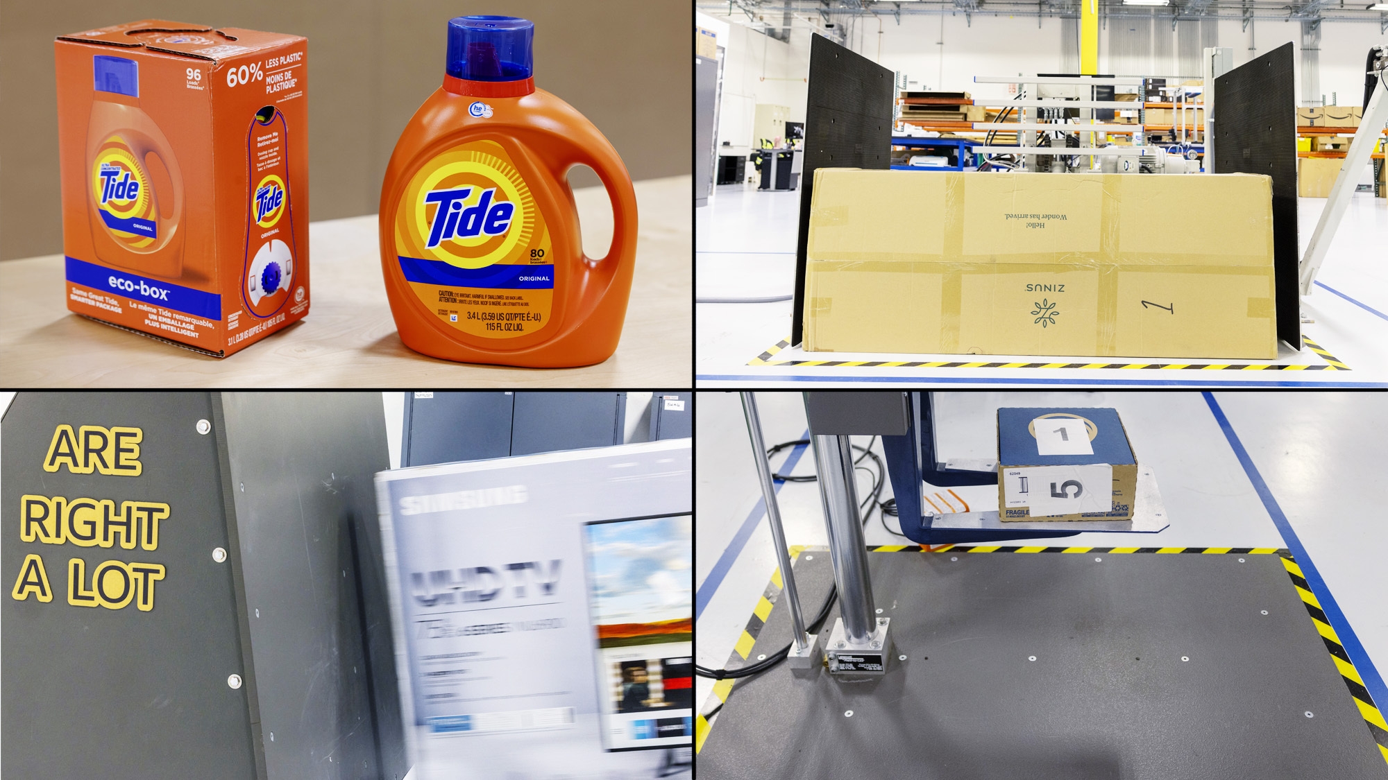 A split image with four photos. One shows two variations of a Tide detergent bottle and box, the other shows a large machine with metal plates squeezing a large, rectangular box, the other shows a large TV box slamming against a wall, the other shows a small, forklike machine holding a small box up in the air. 