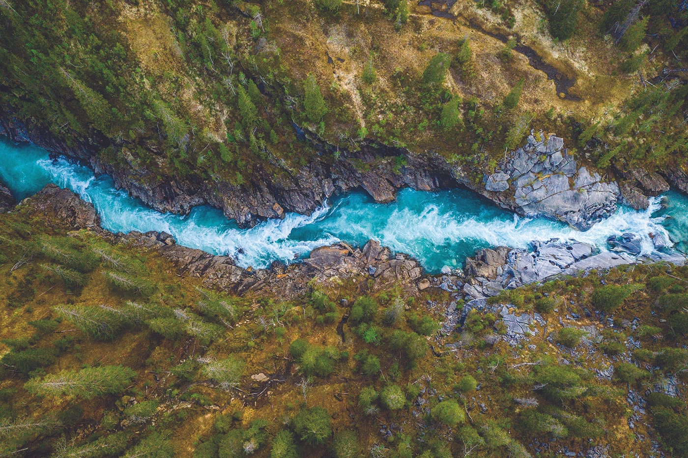 Aerial view over a mountain river