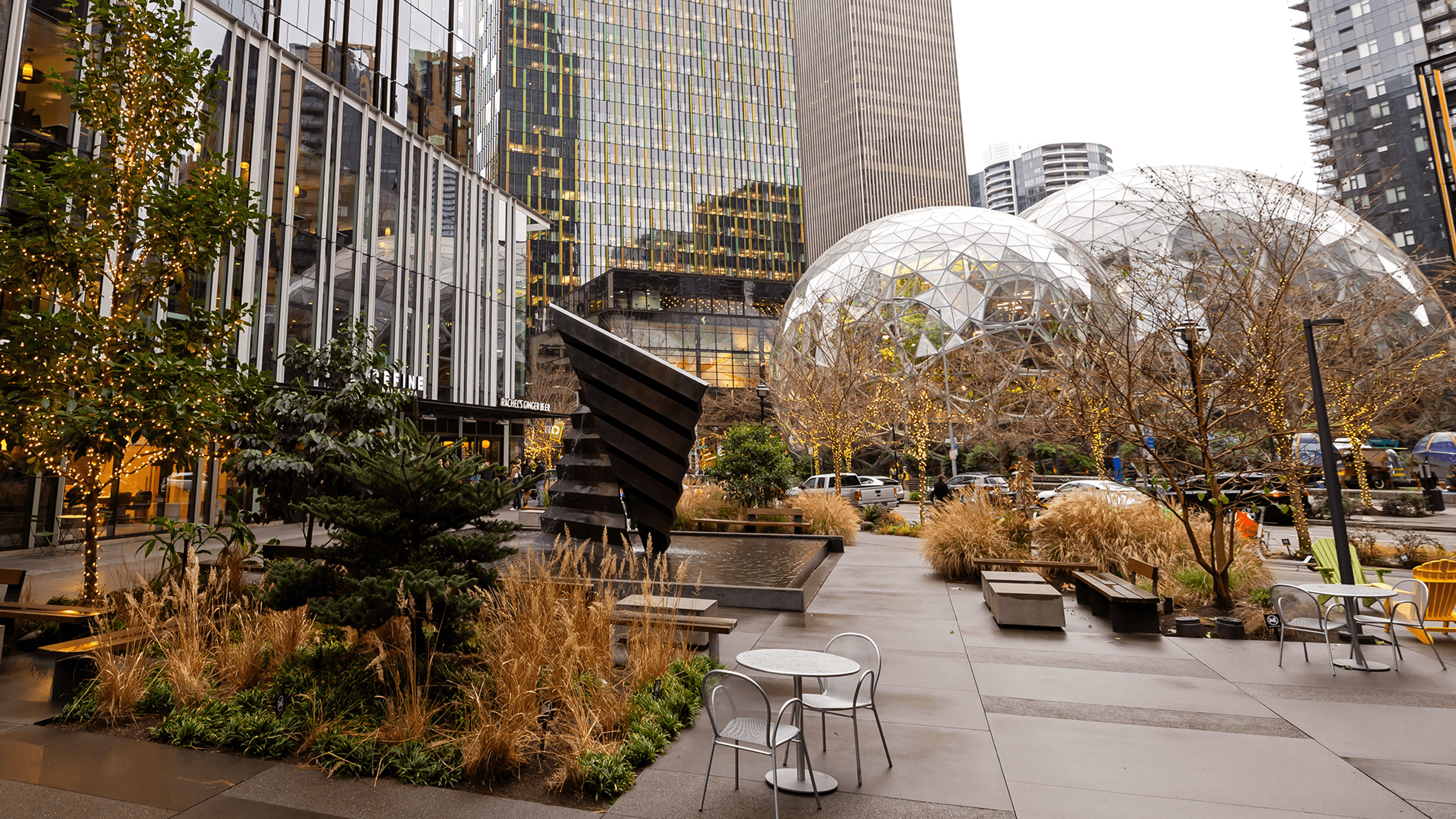 A photo of re:Invent Plaza at Amazon Headquarters in Seattle. The Spheres are in the background.