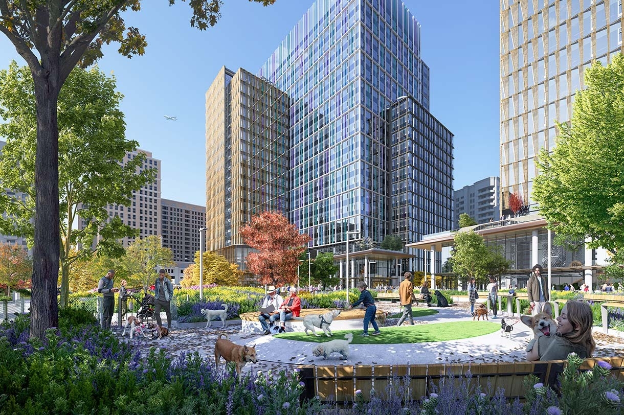 A rendering of a dog park sitting in front of a campus of office building at Amazon's second headquarters in Arlington, Virginia.