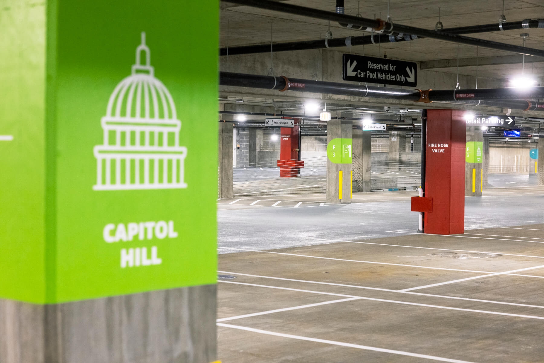 A photo of a below ground parking garage at Amazon HQ2 at Metropolitan Park in Arlington, Virginia.