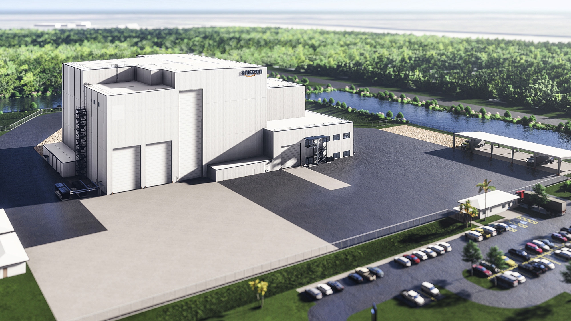 A mock-up of Project Kuiper's satellite-processing facility at Kennedy Space Center, which includes a building with the Amazon logo and a parking lot with trees around the facility. 