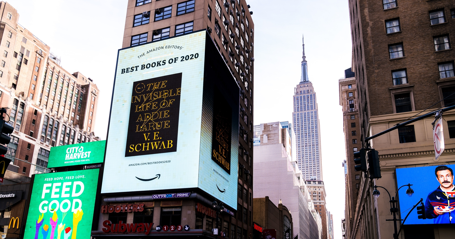 New York Square takeover of book title included Amazon's Best Books of the Year 2020 list. 