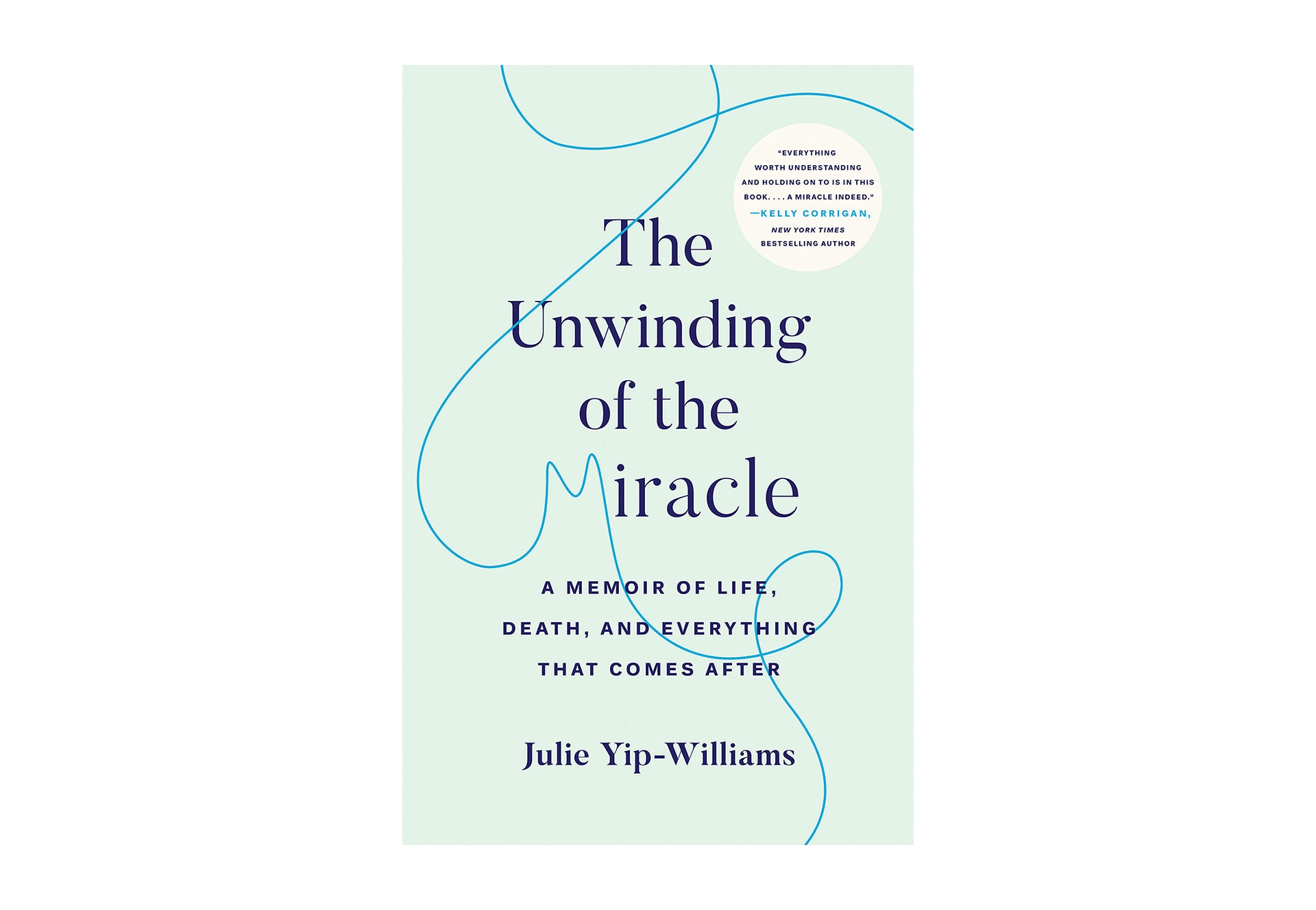 Book cover for "The Unwinding of the Miracle" it shows the text in a serif font in dark blue, on a seafoam background. A thread meanders across the page, creating two loops, and the letter "M" in miracle.