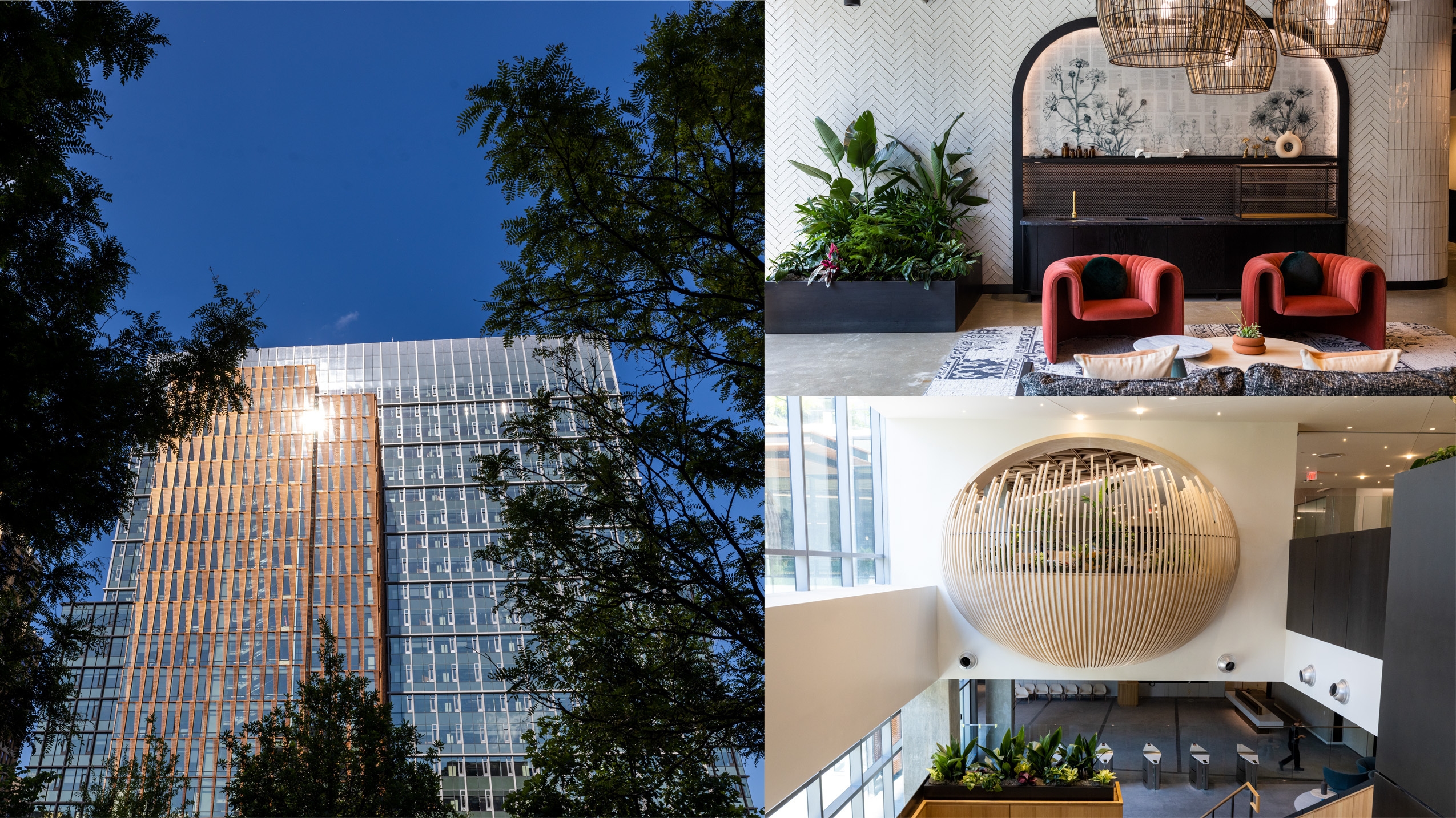 A split image showing the outside of Amazon's HQ2 building, a seating area inside, and a stairwell inside
