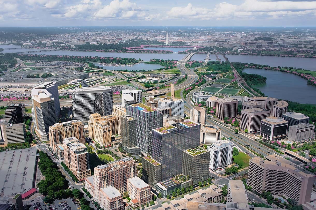 A rendering of the aerial view from above Met Park at Amazon's second headquarters.