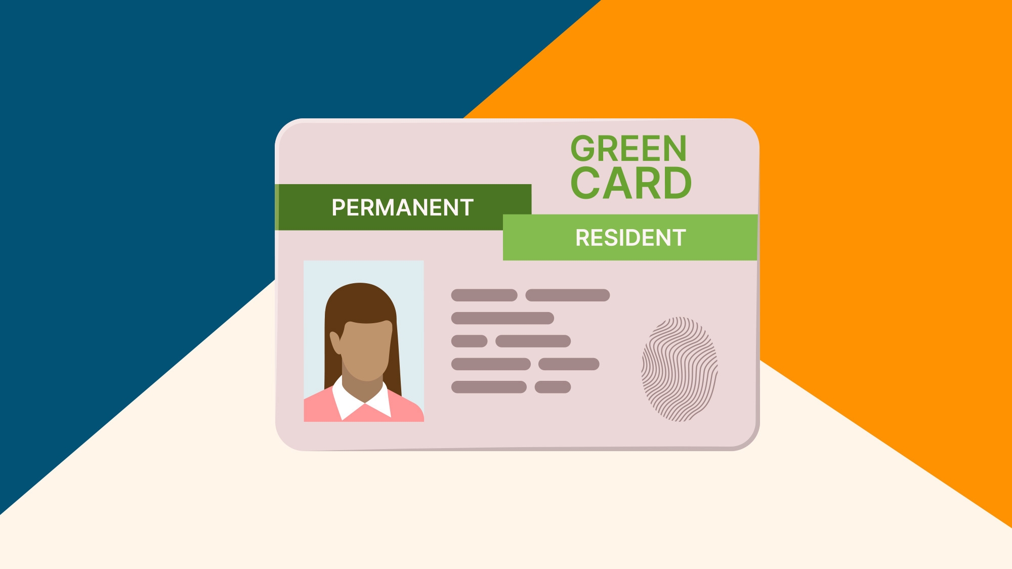 A graphic of a green card on a blue, tan and orange background.