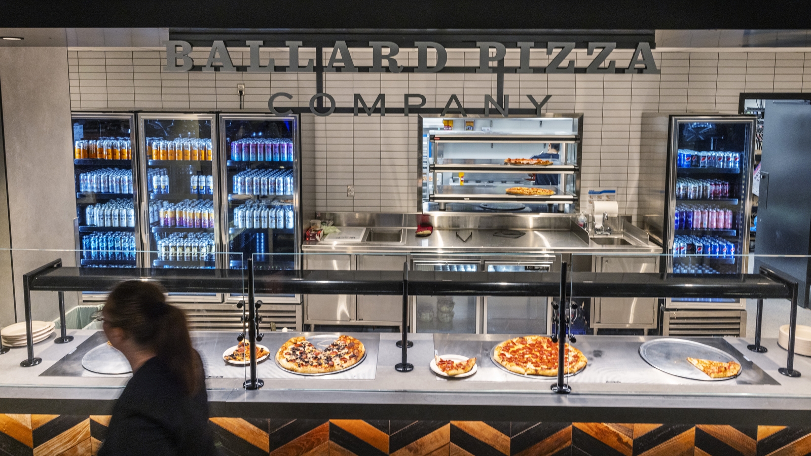An image of the Ballard Pizza Co. food stall at Climate Pledge Arena.